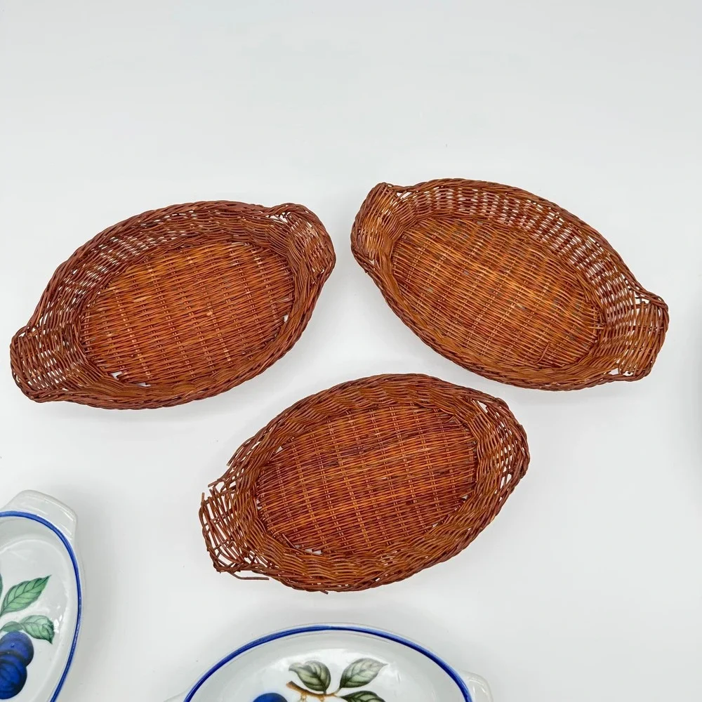 Vintage Ceramic Oval Au Gratin Baking Dishes Wicker Baskets Set 3 Blue Plum